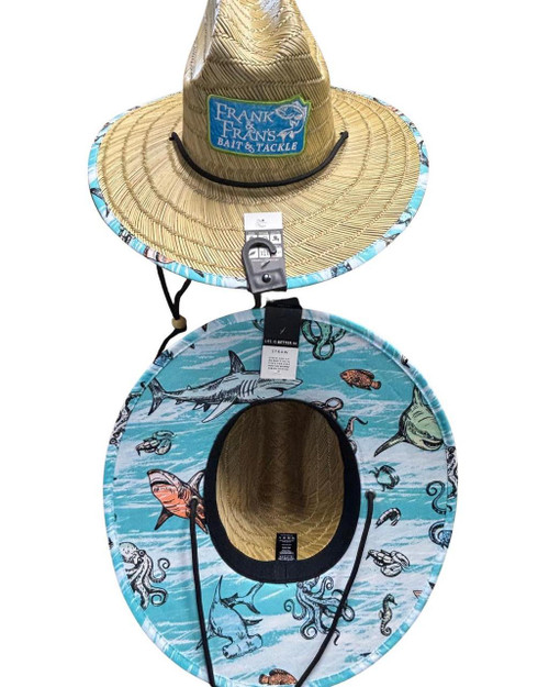 F&F Straw Hat Sublimated Logo, wide-brimmed straw hat with a sublimated logo patch and decorative trim, designed for sun protection and outdoor wear.