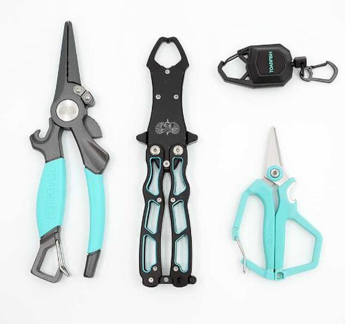 TOAD Fish Inshore Essentials Tool Kit, fishing tools including a pair of pliers, line cutter, and a tackle box clip in light blue and black.