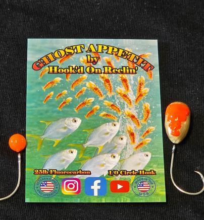 Hook'd On Reelin' Ghost Appetit Rig, fishing hooks with orange and white lures displayed on a product card.
