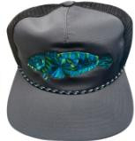 TOADFISH Toadfish Trucker Hat, adjustable trucker cap with a blue patterned inner lining and mesh back for breathability.