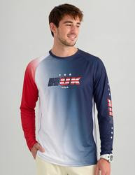 HUK Huk Airweight USA LS Crew, man wearing a long-sleeve sports shirt with American flag design in red, white, and blue colors.