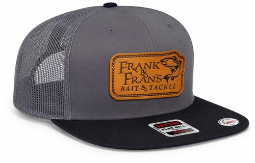 F&F Otto 141070 Sign Logo Leather Patch Hat, grey and black trucker cap with leather logo patch on the front.