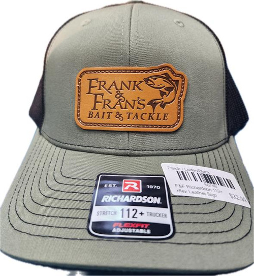 F&F Richardson 112+ Flexfit Leather Sign Patch, a tan leather patch with branding and fishing lure graphic on a gray and black trucker cap.