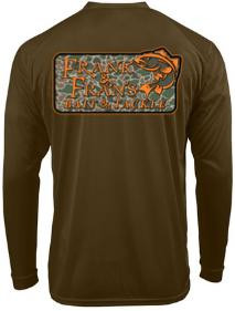 F&F Fish on Camo Performance, back view of an olive brown long-sleeve performance shirt with a colorful camouflage fish graphic and branded lettering across the upper back.