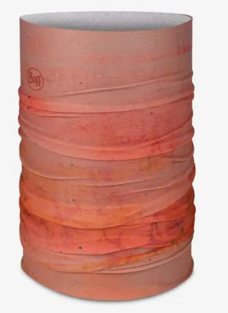 BUFF Buff Coolnet UV, a multifunctional UV protection neck gaiter in coral pink with a subtle pattern and the BUFF logo.