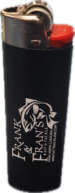 DK&ASSOCIATES F&F BIC Lighter, black disposable cigarette lighter with fish logo and text.