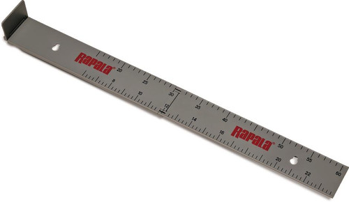 Rapala 24 Inch Folding Ruler, silver metal measuring tool with red Rapala logo and centimeter and inch scale markings for fishing and crafting.