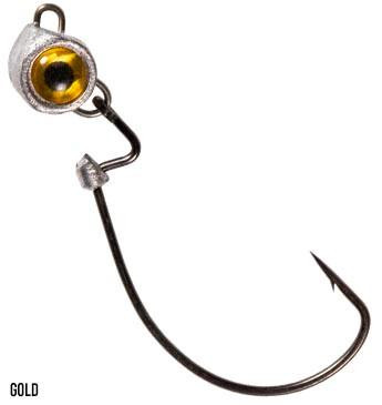 Z-Man Texas Eye Finesse Jigheads, close-up image showing a gold-colored jighead with a hook and eyelet for fishing.