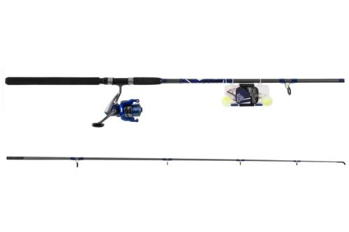 TSUNAMI 8' Tsunami Rigged and Ready Combo, fishing rod with a blue spinning reel attached, fully assembled for saltwater fishing.