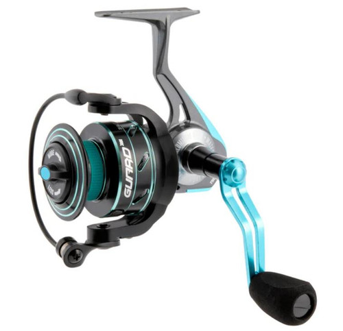 TSUNAMI Tsunami Guard Spinning Reel, modern fishing reel with black and teal design and ergonomic handle for smooth casting and retrieval