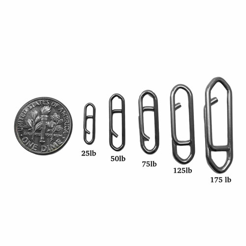 TACTICAL ANGLERS Tactical Anglers Power Fishing Clips, set of metal fishing clips of various sizes with a dime for scale.
