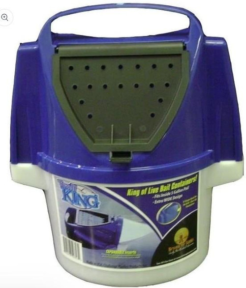 Challenge Plastic Prod. Challenge 50353 Troll King Bait Bucket 7qt, blue and white bait storage bucket with green bait holder lid.