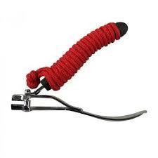 ANGLER'S CHOICE Sideline Clipper, close-up of a fishing line cutter with a red flexible coil cover and a metal clip.