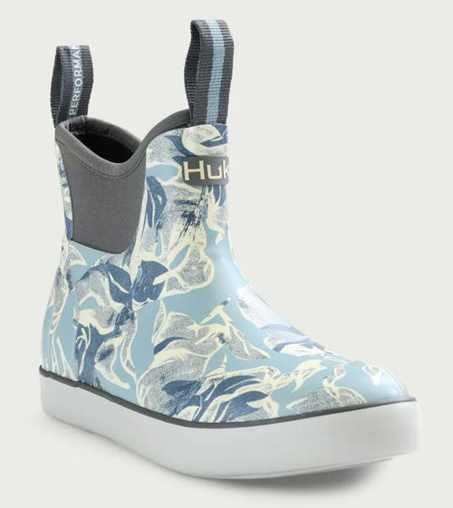 HUK Huk Womens Rogue Wave Camo Boot, stylish waterproof rain boot with blue and white camouflage pattern and pull tabs for easy wear.