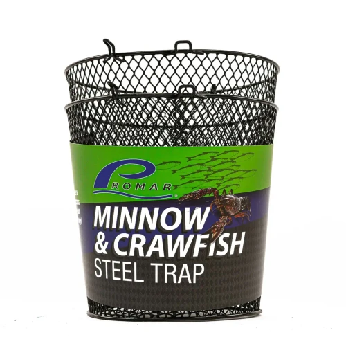 PROMAR Promar TR-601 Minnow/Crawfish Trap, a black metal steel trap with a green and black label featuring fish and crawfish illustrations.