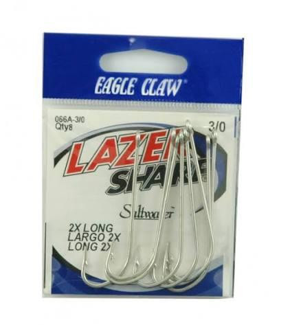 EAGLE CLAW Eagle Claw 066A 2X Long Plain Shank Hooks, set of eight long fishing hooks in clear packaging with blue header.