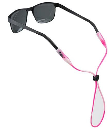 CABLZ INC. Cablz Silicone Retainer, eyeglasses with black frame and pink silicone retainer strap.