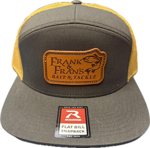 F&F Leather Sign Logo Richardson 168, grey and yellow cap with a leather patch logo and a sticker indicating flat bill snapback style.