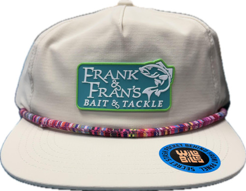 F&F Wildbill River Rubber Sign Logo Patch Hat, beige baseball cap with colorful braided trim and logo patch featuring a fish and fishing-related text.