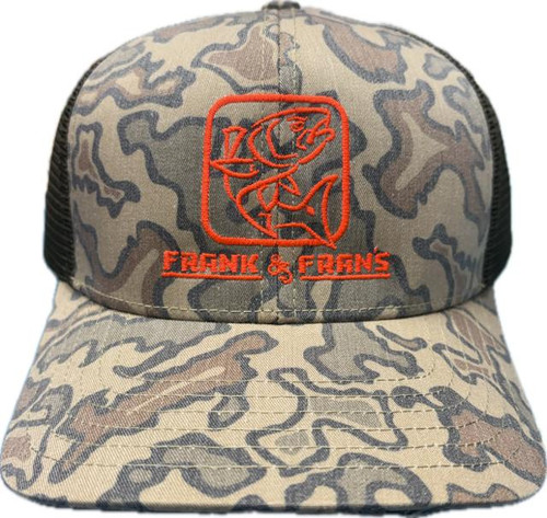 F&F Sobro WaterWood 1983 Fish Box Logo Hat, camouflage baseball cap with orange embroidered fish logo and text.