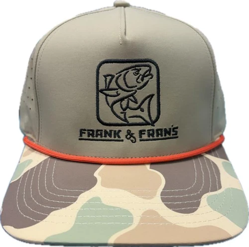 F&F Wildbills Gulf Fish Box Logo Hat, a stylish cap featuring a fish graphic and the brand name embroidered on the front, with a camouflage-patterned brim and a red accent band.