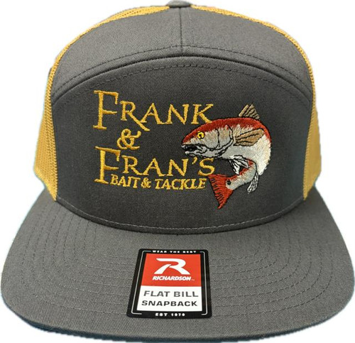 F&F Richardson 168 Large Embroidered Drum Hat, gray and yellow snapback cap with fish logo and gold embroidery.