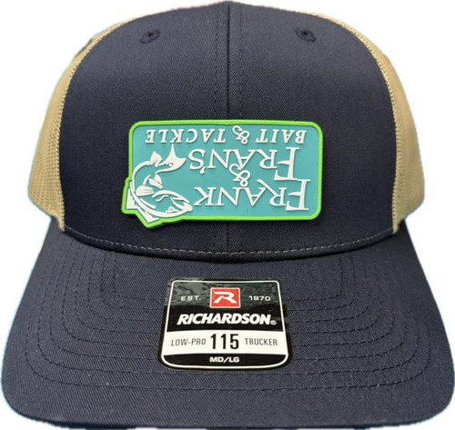 F&F UPSIDE DOWN Rubber Sign Logo Hat Richardson 115, navy blue and beige trucker cap with an inverted rubber logo patch on the front.