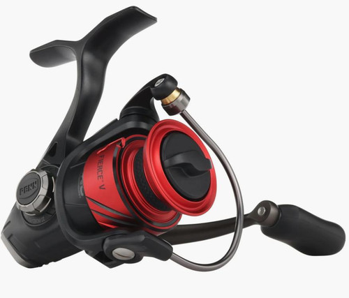 Penn Fishing Tackle Penn Fierce V Spinning Reel, black and red fishing reel with ergonomic handle and smooth operation mechanism.