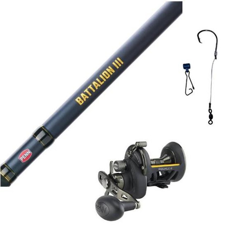 F&F 13' Penn Battalion III/Penn Squall II 12 SD Rigged & Ready Combo, fishing rod, reel, and accessories for saltwater fishing.