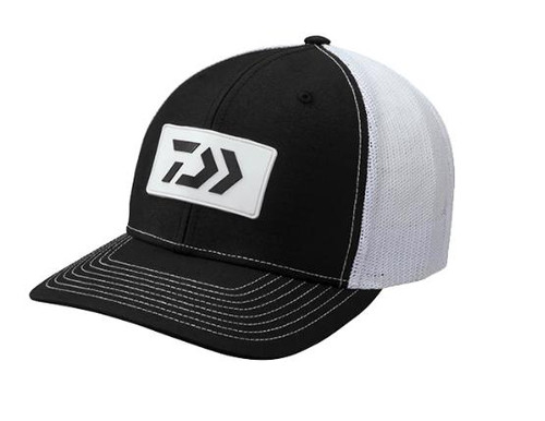 Daiwa Trucker with Rubber Logo, black and white trucker cap with contrasting logo patch on the front.