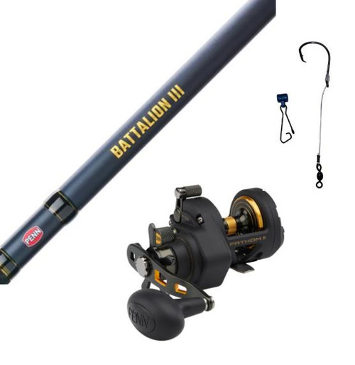 F&F 13' Penn Battalion III / Penn Fathom II 12 SD Rigged & Ready Combo, fishing rod and reel set with accessories for saltwater fishing.