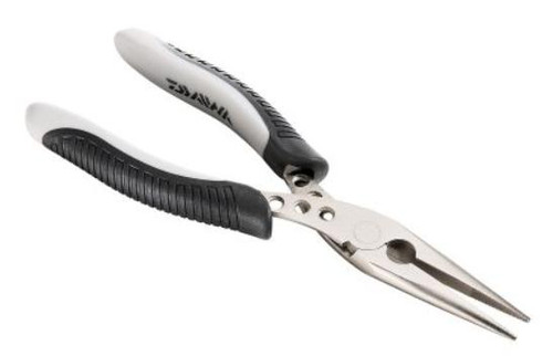 DAIWA Daiwa D-VEC 8" Needle Nose Pliers, close-up of the needle nose pliers with black and white ergonomic handles and stainless steel tips.