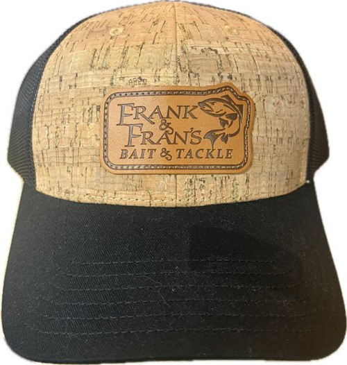 F&F Leather Sign Patch Hat Otto 83-1212, baseball cap with cork front panel and black brim featuring a leather patch with 'Frank & Franks Bait & Tackle' logo.