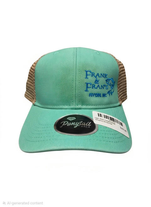 F&F PNY-100M Offset Graphic Drum Hat, mint green and beige trucker cap with embroidered text and graphic on the front panel, curved brim, adjustable mesh back for airflow.