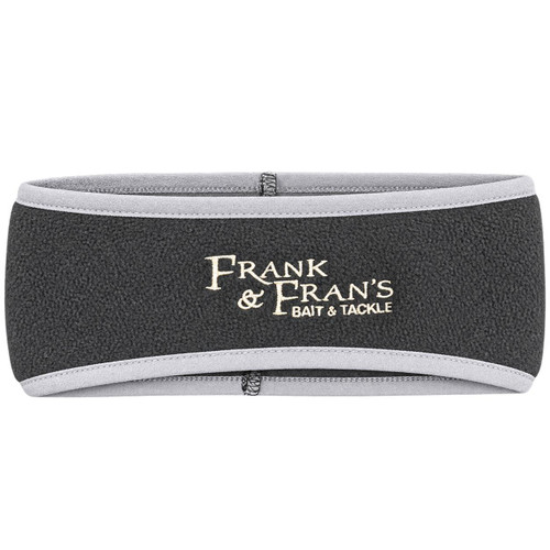 F&F Embroidered August Headband, black textured headband with gray trim and cream embroidered Frank & Fran’s Bait & Tackle logo, shown against a white background.