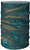 BUFF CoolNet UV+, a multifunctional neck gaiter with a vibrant abstract pattern in shades of blue and green, featuring the BUFF logo at the bottom.