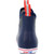 XTRATUF 22733-10 6-Inch Full Rubber Deck Boot, rear view showing navy blue waterproof rubber material, pull tab with red and white stripes, and non-slip sole with red XTRATUF logo.