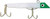 GOT-CHA Plug 100 Series, fishing lure with a white body and a green head featuring a black and white eye and two treble hooks for fishing.