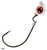 Z-Man Texas Eye Jigheads, close-up image showing a red eye jighead with a curved hook and attached weight for fishing.