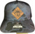 F&F Richardson 112PFP Leather Patch Hat, camouflage cap with leather patch logo featuring a fish and fishing hooks, adjustable strap, casual style.