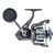 Quantum Quantum Benchmark Spinning Reel, modern fishing reel with gray and black design, featuring a large spool with blue accents and a handle for smooth operation.