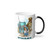 PRINTIFY F&F Beach Dog Color Morphing Mug, 11 oz. - a mug featuring a beach scene with a dog sitting beside fishing gear, a bucket of fish, and the text Hatteras Island, NC.
