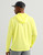 HUK Pursuit Hoodie, back view of a man wearing a bright yellow athletic hoodie with a hood, standing against a plain background.