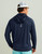 HUK Pursuit Hoodie, navy blue waterproof hoodie with a high collar and a 3D logo on the back.