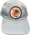 F&F Fahrenheit 740 Drum Flag Patch Hat, light blue baseball cap with a circular patch featuring a fish with an American flag design and text 'Frank & Fran's Bait & Tackle'.