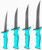 TOADFISH Toadfish Fixed Fillet Knives Gift Set, set of four knives with stainless steel blades and vibrant blue ergonomic handles.