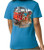 F&F Bronco Dog Short Sleeve with Pocket, blue T-shirt featuring a graphic of a dog sitting in a red off-road vehicle with camping gear.
