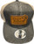 F&F Leather Sign Logo Patch Pony Tail Hat PNY-100m, image showing a dark gray trucker-style cap with tan mesh side panels and a leather patch logo on the front reading "Frank & Fran's Bait & Tackle."