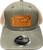 F&F Leather Sign Logo Patch Pony Tail Hat PNY-100m, baseball cap with a leather patch logo of a fish and text, olive green color with beige mesh back.