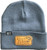 F&F Driduck 3523 Leather Sign Logo Beanie, grey knitted beanie with leather logo patch and a small black embroidered tag on the side.